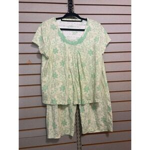 Womens Pajama Set Top pants Floral Green Lace Trim Size Large Sleepwear